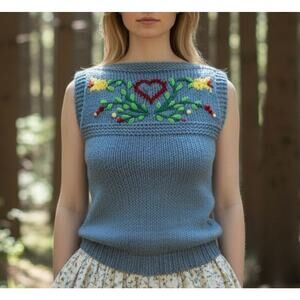 VTG Chunky Knit Sleeveless Vest Pullover Sweater Cottagecore S Embroidered Heart